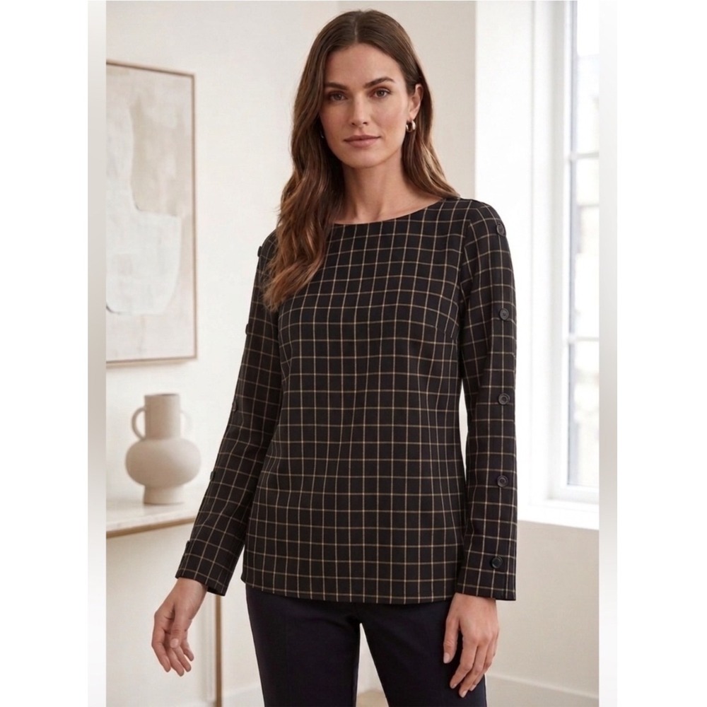J. Jill Ponte Tunic Women XS Black Red Windowpane Plaid 3/4 Sleeve Boat Neck